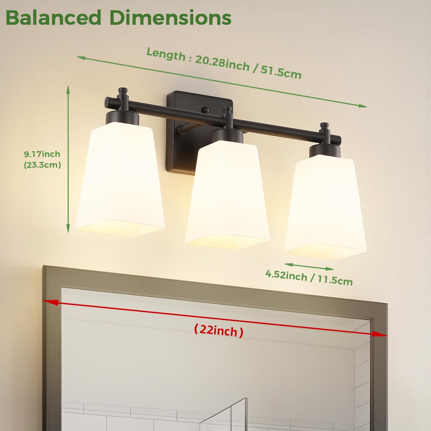 ECOBRT 3-Light Bathroom Light Fixtures, 20" Black Modern Vanity Lights with Glass Shade, Bathroom Wall Lamp for Mirror Kitchen Living Room Hallway