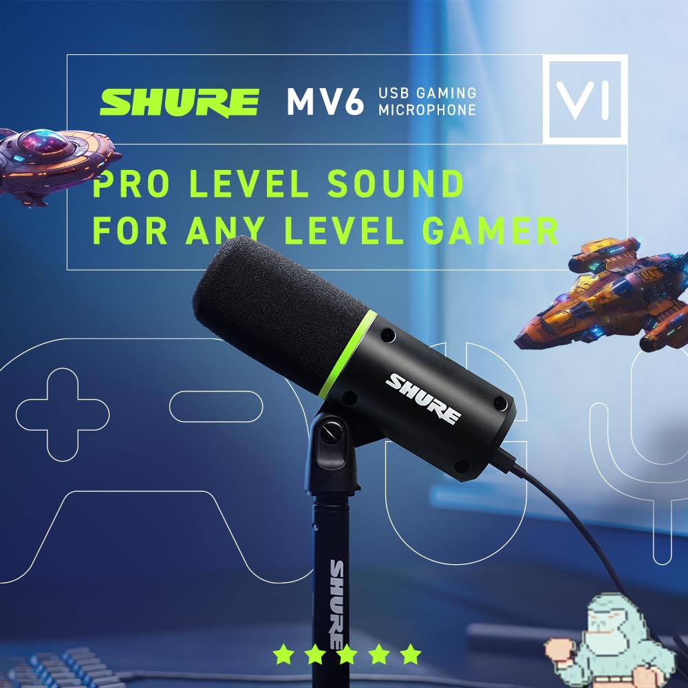 Shure MV6 Gaming Microphone - Dynamic USB Mic for PC Gaming & Streaming with Tap-to-Mute, Noise Cancellation, Desktop Stand & 3.5mm Headphone
