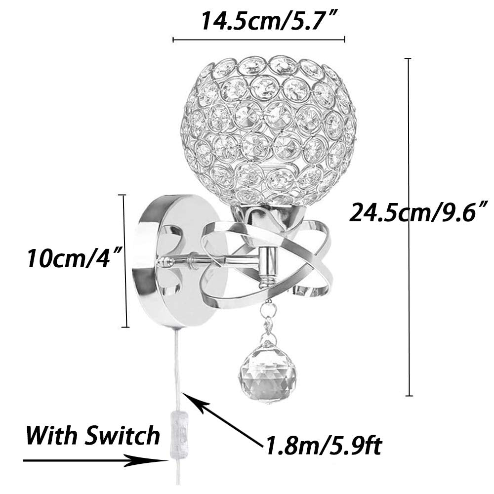 Ygapuzi Modern Crystal Wall Light Flush Mount Wall Sconces Lamps Chrome Finish Bedside Lighting Fixture with E27 Socket, for Living Room Bathroom