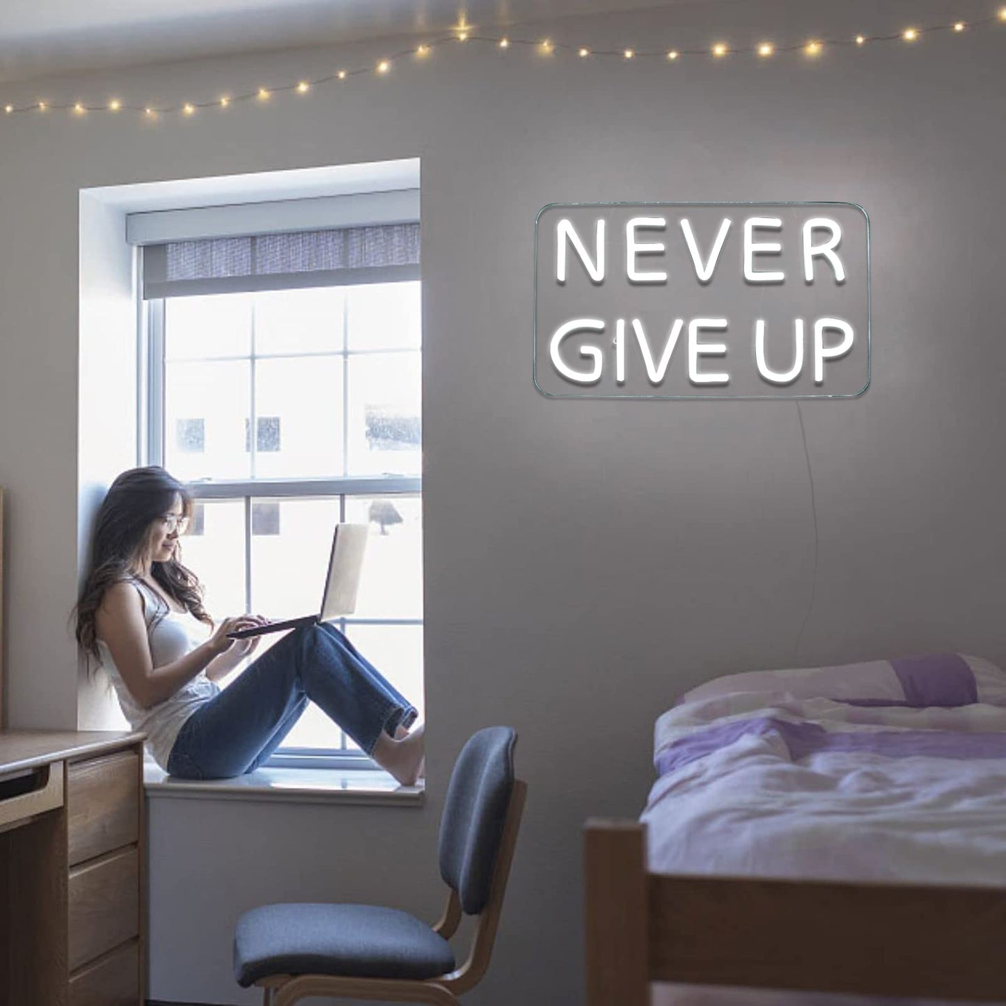 Vinray Never Give Up Neon Sign for Wall Decor,Inspire Slogan for Study Room Decoration,Wall Art Lighting As Gifts for Kids or Friends.