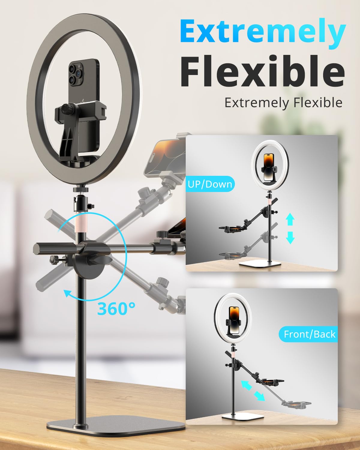 UBeesize 12" Desk Ring Light with Stand and Phone Holder, Overhead Phone Mount for Video Recording, Zoom Meeting, Live Streaming, Tiktok