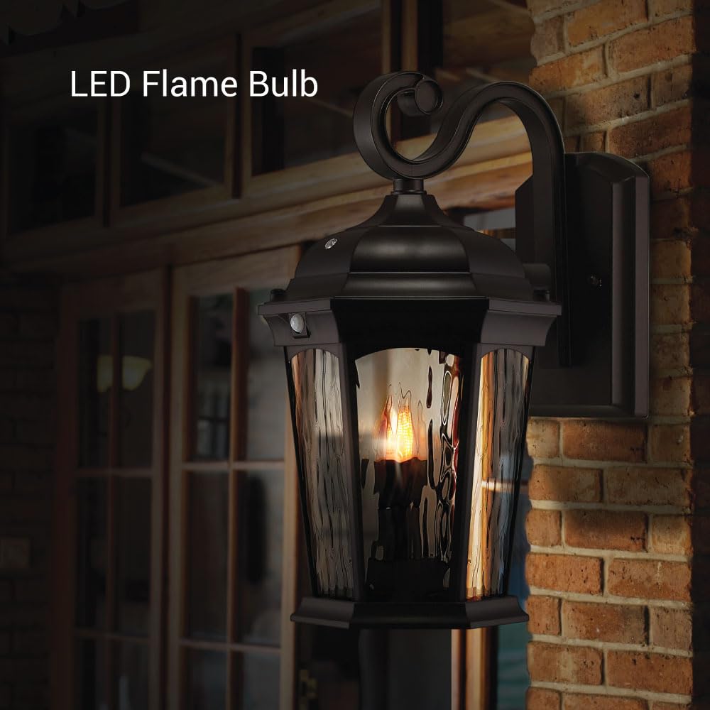 Euri Lighting EFL-130W-MD Flickering Flame Porch Light, Water Glass, with Integrated Security Light (3000K), Motion-Sensor, Dusk-to-Dawn, Oil Rubbed