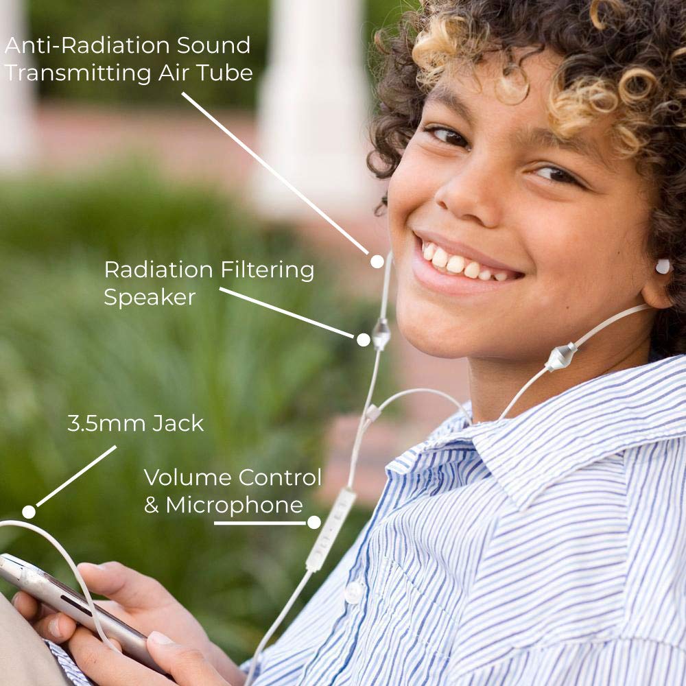 SafeSleeve EMF Protection Anti Radiation Free Air Tube Headphones: Reduces EMF Radiation 5G, Aluminum Metal Earbuds with Microphone & Volume Control