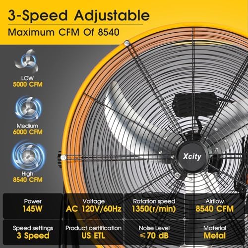 Xcity 24 Inch Heavy Duty Drum Fan, High Velocity 8700 CFM Industrial Air Circulator, 3-Speed & 360° Adjustable Tilt, Powerful Cooling for Warehouse
