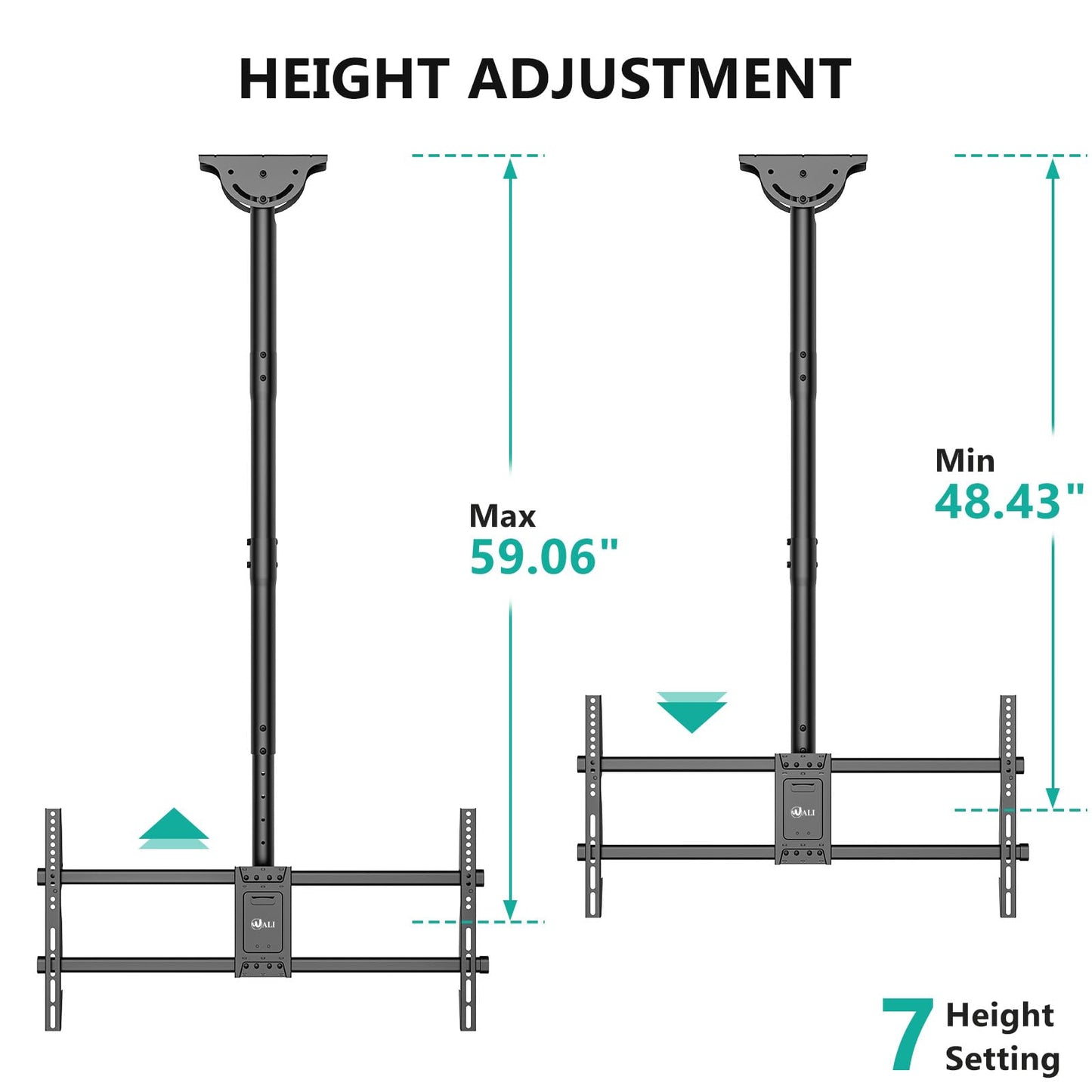 WALI Ceiling TV Mount for 37-90 Inch TVs, Extra Long Arm Ceiling Mount TV Bracket, Telescoping Height Adjustable Hanging Pole TVs Ceiling Mount, Holds