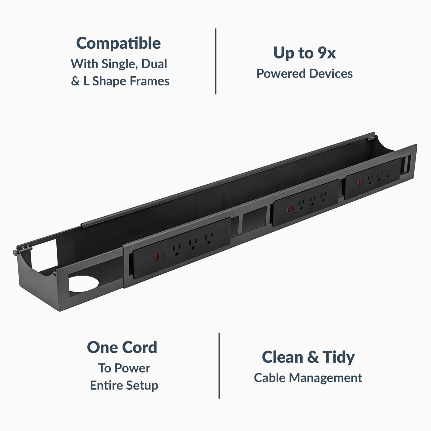 Desky 6 Plugs Power Rail - Thermal Overload Protection Desk Power Strip with USB Ports, Mountable Under Desk Cable Organizer - Matte Black