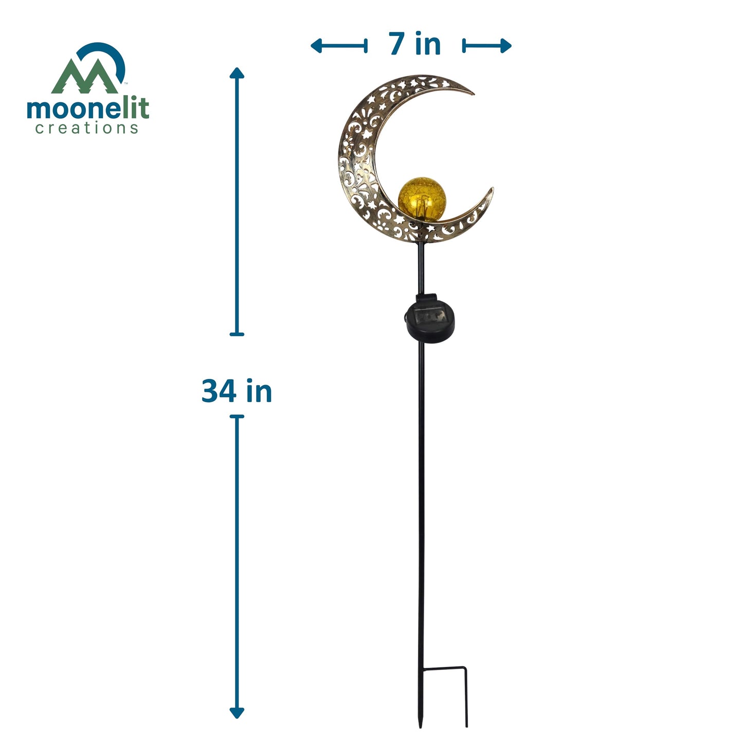 MooneLit Creations MCSSMOON Solar LED Crescent Moon Garden Light - Waterproof Metal Stake with Crackled Glass Globe