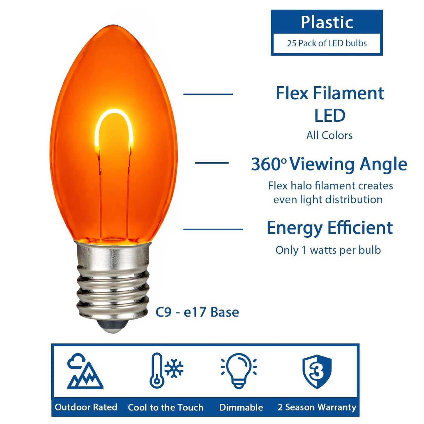Novelty Lights 25 Pack C9 LED Flex Filament Bulbs, Warm Amber, E17 Base