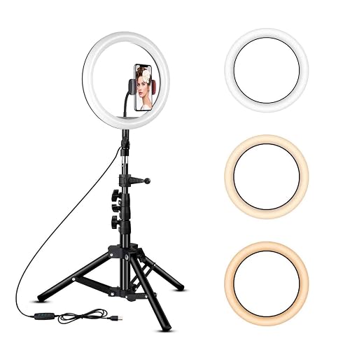10 inch Ring Light with Tripod Stand - Rovtop LED Camera Selfie Light Ring with iPhone Tripod and Phone Holder for Video Photography Makeup Live
