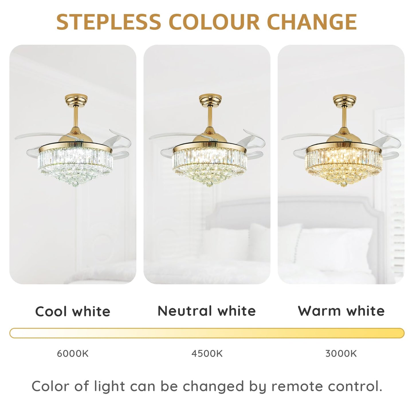 MOOONICHE 42 Inch Crystal Ceiling Fan with Light and Remote Modern Gold Dimmable Fandelier Invisible Retractable Chandelier Fan for Bedroom Living