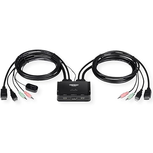 TRENDnet 2-Port 4K DisplayPort 1.2 KVM Switch with Audio, 4K UHD (3840 x 2160@60Hz), 3.5mm Speaker/Microphone, USB 2.0, Integrated Cables, Black