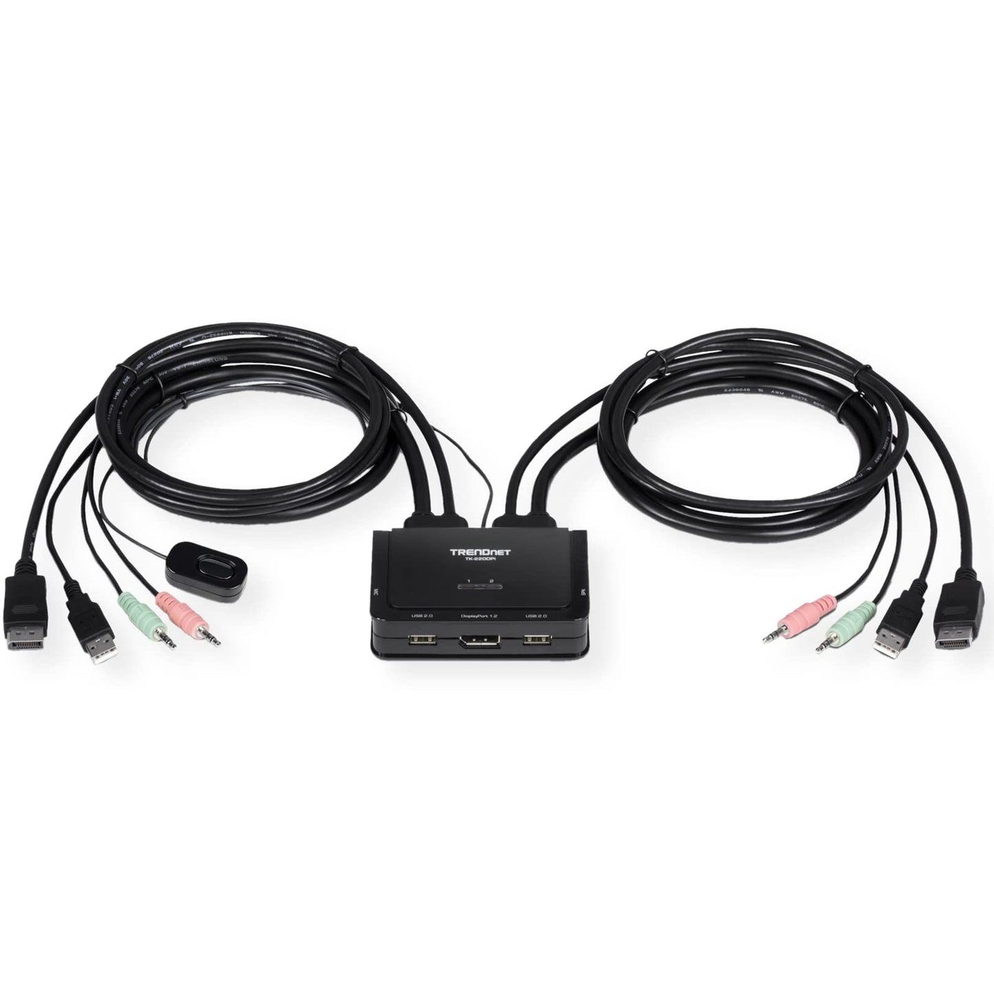 TRENDnet 2-Port 4K DisplayPort 1.2 KVM Switch with Audio, 4K UHD (3840 x 2160@60Hz), 3.5mm Speaker/Microphone, USB 2.0, Integrated Cables, Black
