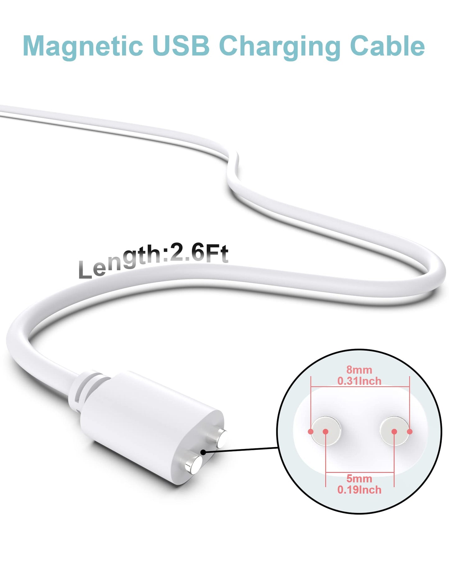 Bicmice 2.6Ft Magnetic USB DC Charger Cable Replacement Charging Cord - White(5mm/0.2in)