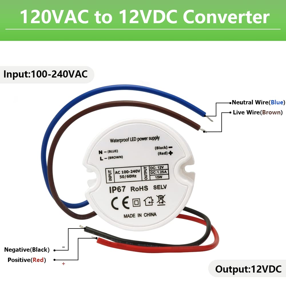 Makergroup 12V LED Power Supply Driver, IP67 Waterproof Constant Voltage Transformer, 120VAC to 12V DC Converter for LED Strip Lights Cabinet Lights