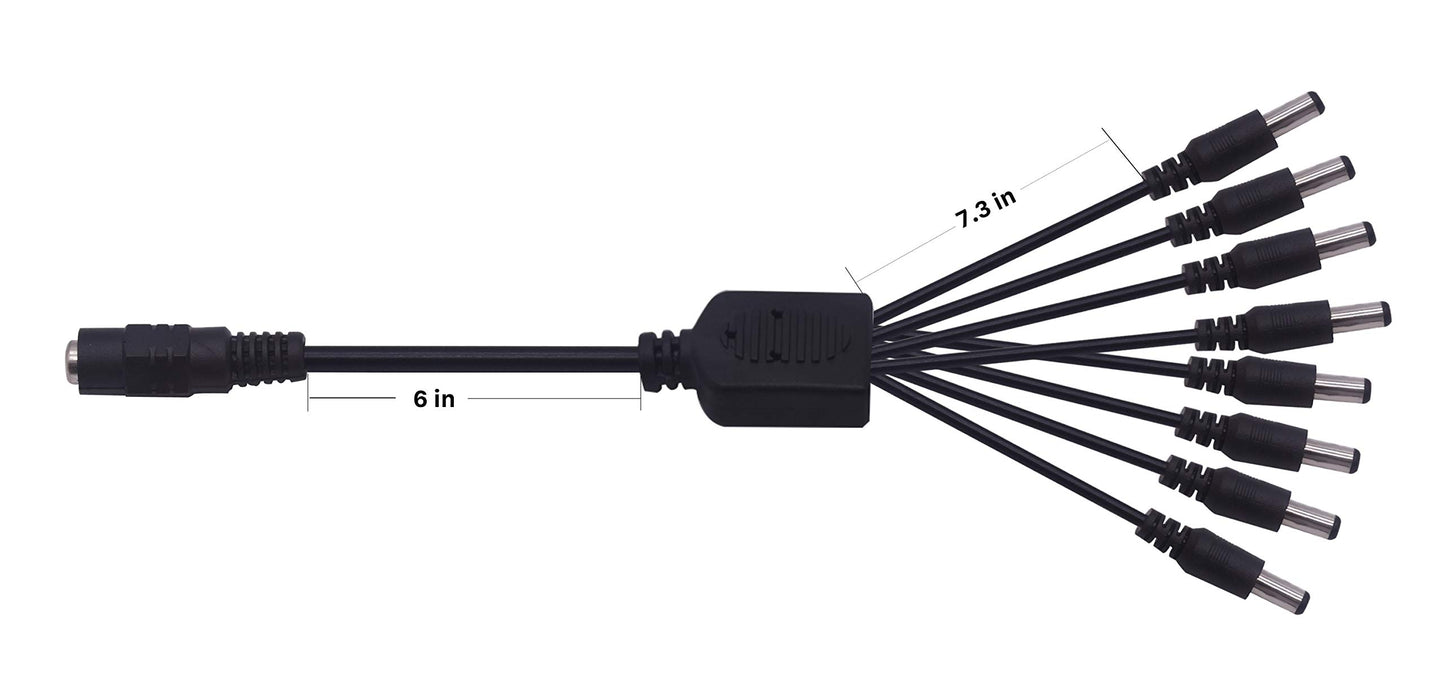 Xwell DC Power Splitter Cable 1 Female to 8 Male Wire Y Adppter 5.1mm X 2.1mm for CCTV Security Cameras and LED Strip Lights