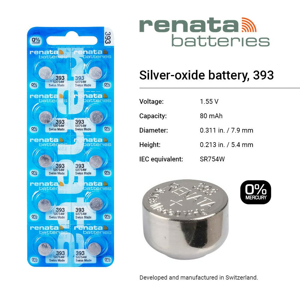 Renata 393 SR754W Batteries - 1.55V Silver Oxide 393 Watch Battery (2 Count)