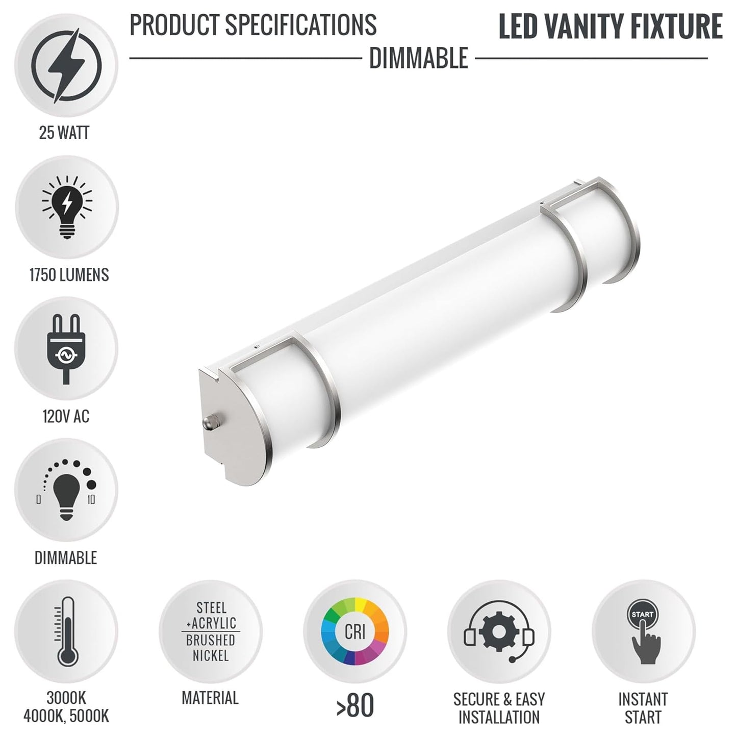 LEDMyplace 25W, 26 inch Bathroom Vanity Light Fixture, 1950LM, CCT Changeable (3000/4000/5000K), Dimmable, ETL Listed, Bathroom Linear Wall Light Bar