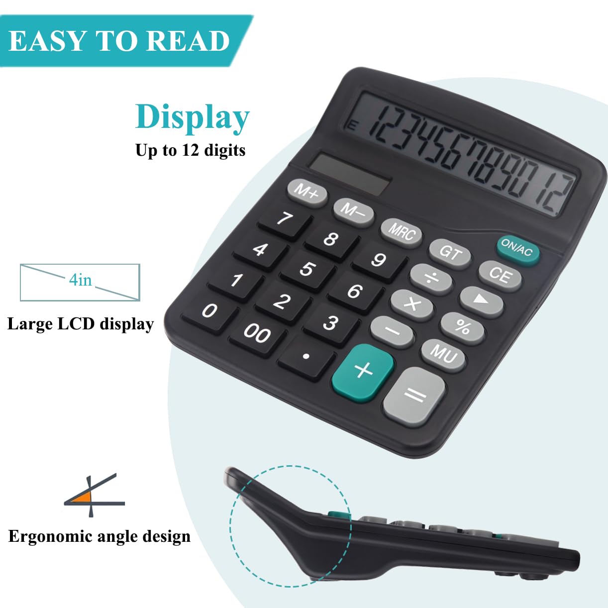 Desk Calculator, Basic Office Calculator with 12 Digits Large Display, Dual Solar Power and Battery, 4 Function Simple Calculation, Big Button