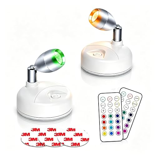 HFCDL Spot Lights Indoor Battery Operated Uplights with Remote, RGBW 13 Color Wireless LED Spotlights Mini Stick On Wall Accent Lights Rotatable Head