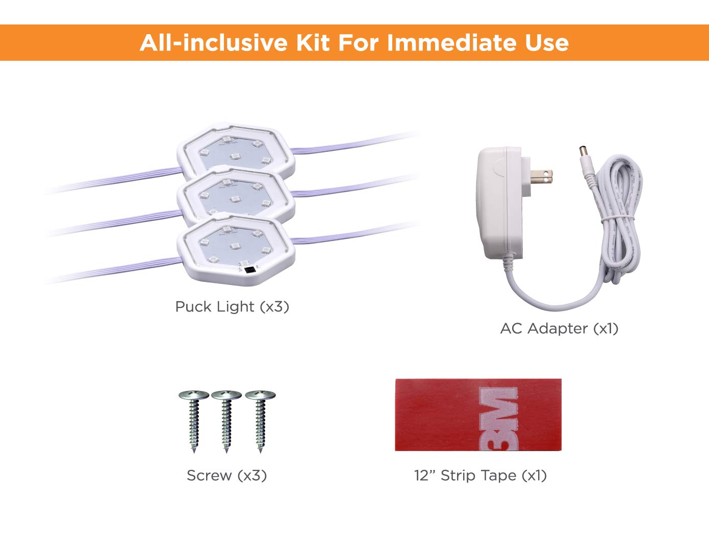 PureOptics LED 3-Pack LED Puck Light Kit, Warm White (LEDUC-PUCK-3WK)