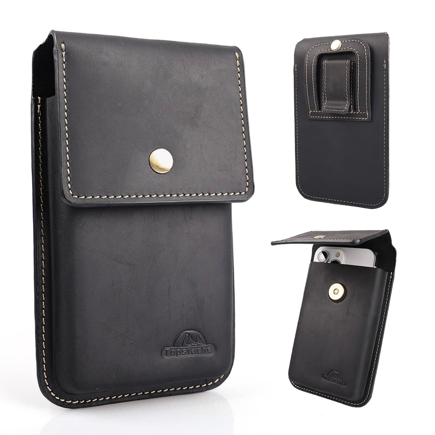 Topstache Leather Phone Holster for Men - Magnetic Closure Cell Phone Holder Case for iPhone 17/16/15/14/13/12 - Belt Clip Leather Belt Pouch Case
