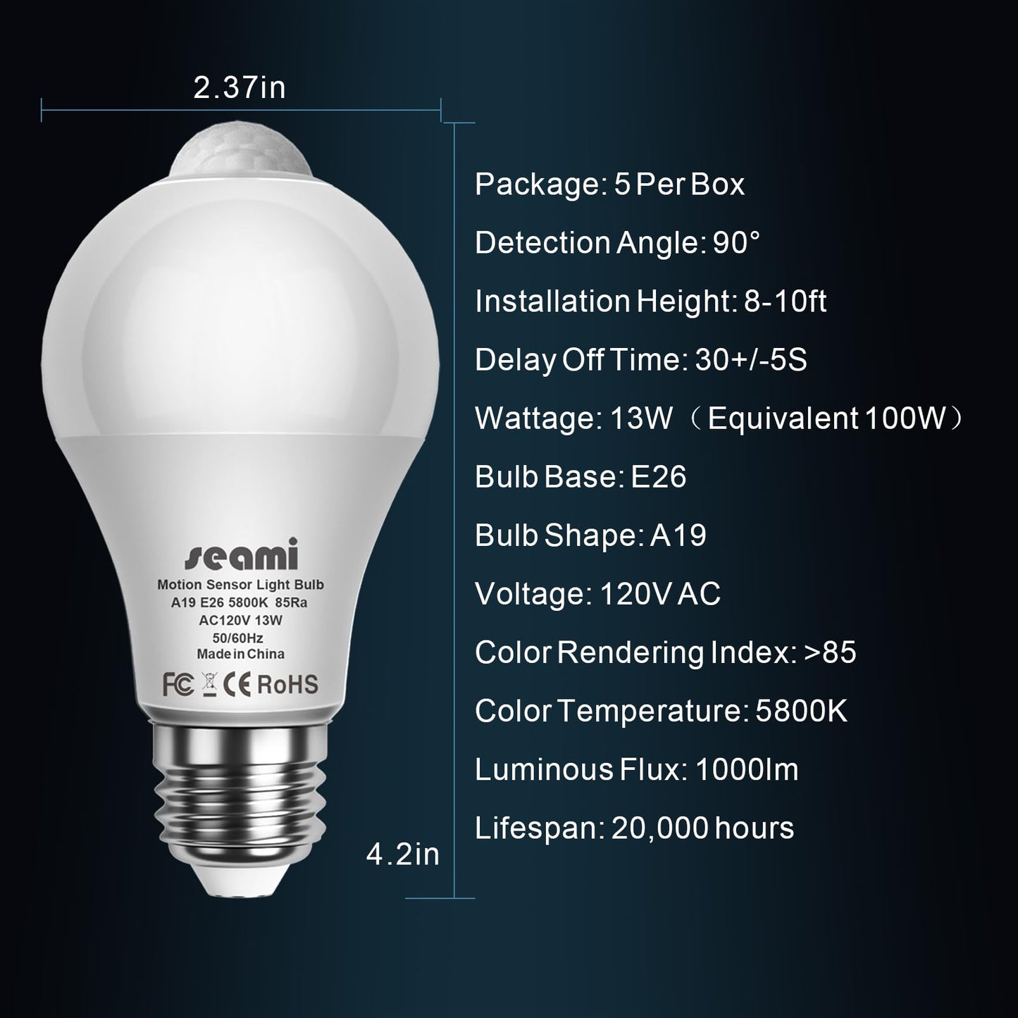 seami Motion Sensor Light Bulb, Dusk to Dawn Security Night Light A19 E26 13W Equivalent 100W 5800K Daylight, Indoor Motion Activation Detector Light
