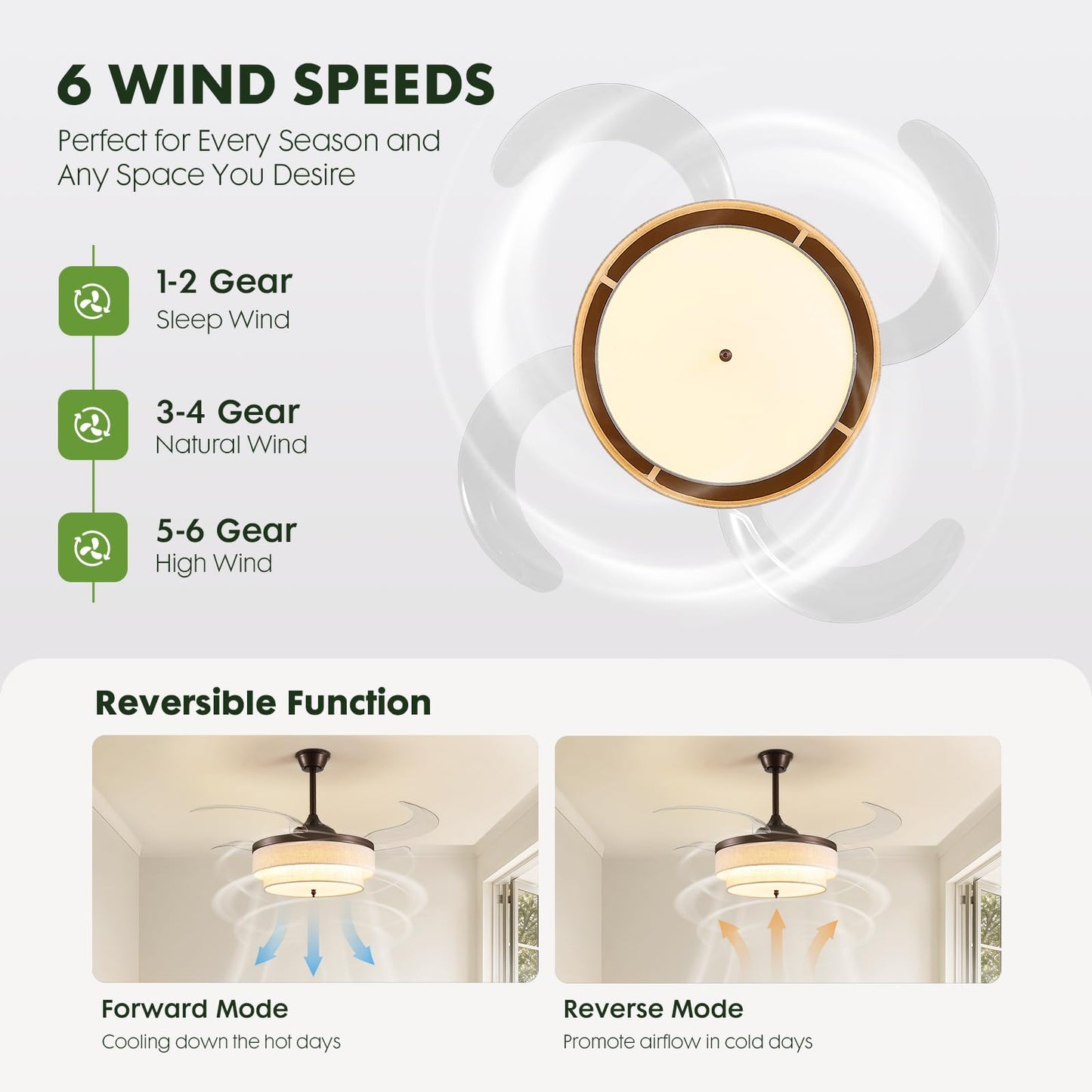 CROSSIO 48" Brown Modern Ceiling Fans with Lights Boho Fandelier Retractable Ceiling Fan Light Dimmable Fabric Chandelier Fan for Living Room Dining