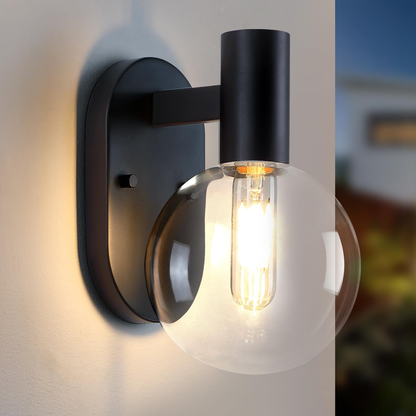 Caisens Outdoor Wall Light Fixture, Indoor Outdoor Wall Sconce, Waterproof Outdoor Porch Light, Black Vanity Light Fixture with Clear Globe Glass
