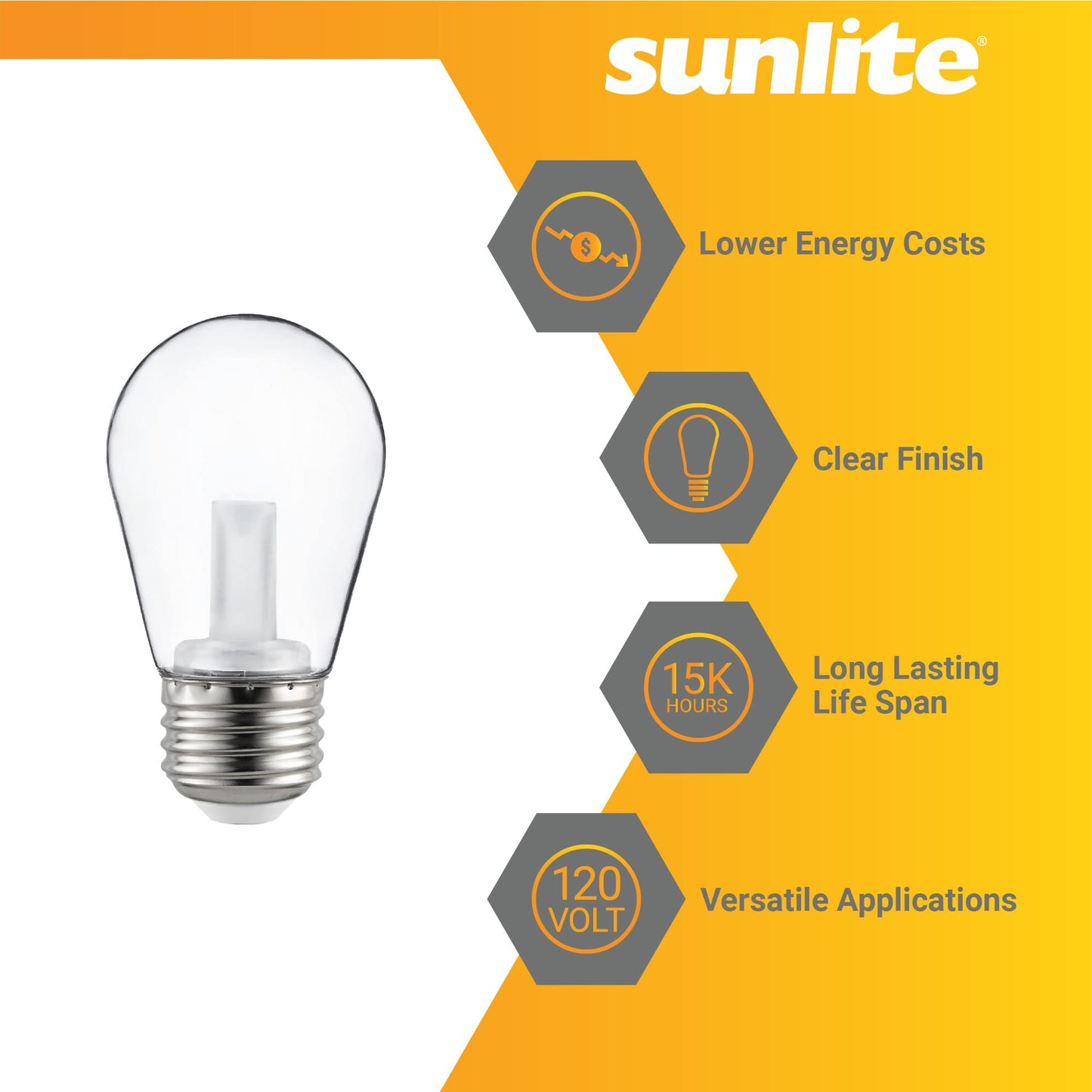 Sunlite LED S14 String Light Bulb, 1 Watt (10W Equivalent), 50 Lumens, Medium Base (E26), Non-Dimmable, ETL Listed, 2700K Soft White, Clear, 1 Count