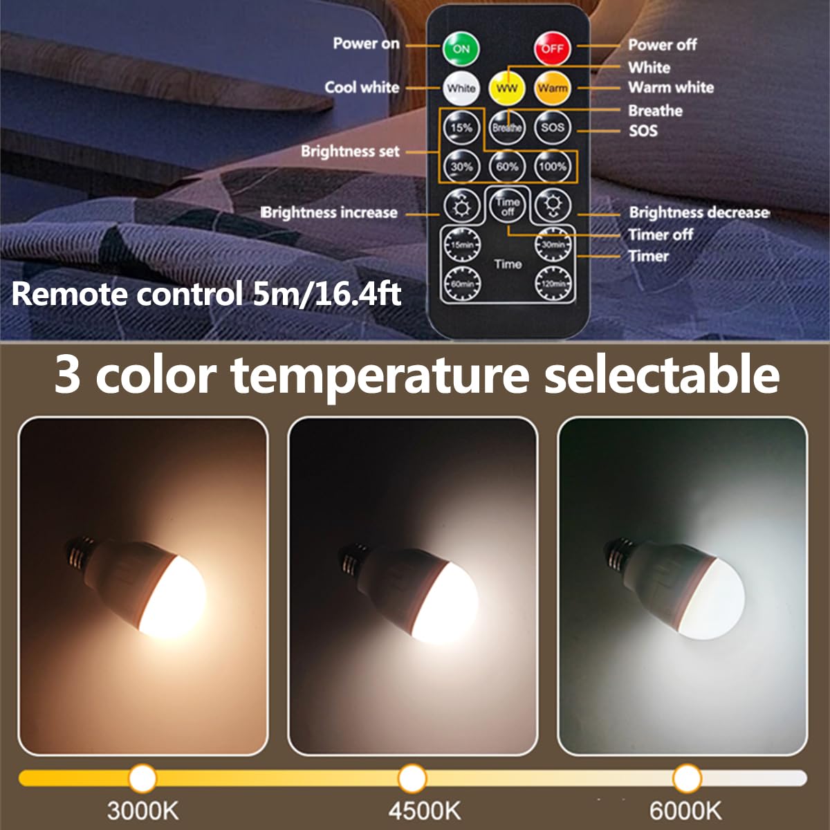 ABZXT E26 Auto Charge Light Bulb with Battery Backup Bulb,Timer for Sconces and Lamps, E26 and USB Charging for Non-Hardwired Fixture, 3 Color