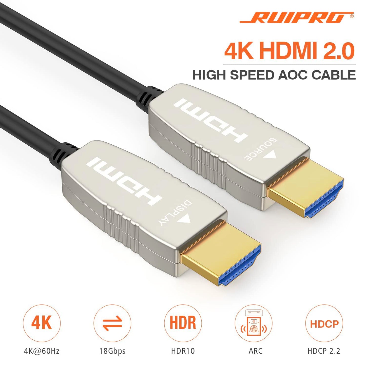 RUIPRO 4K HDMI Fiber Optic Cable 40FT 18Gbps 4K@60Hz ARC HDR10 Ultra Slim Flexible HDMI 2.0b Cable