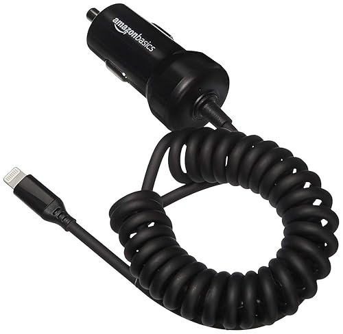 Amazon Basics 12W (5V, 2.4A) Fast Car Charger with Coiled Lightning Cable, MFi Certified for iPhone, iPad and Apple Devices, 1.5 ft, Black