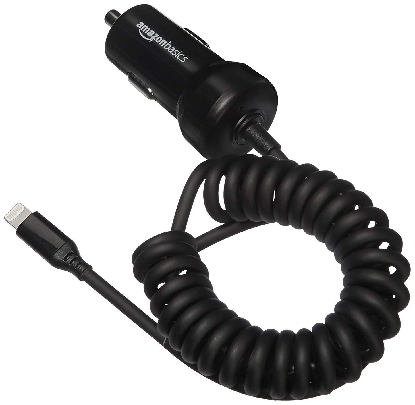Amazon Basics 12W (5V, 2.4A) Fast Car Charger with Coiled Lightning Cable, MFi Certified for iPhone, iPad and Apple Devices, 1.5 ft, Black