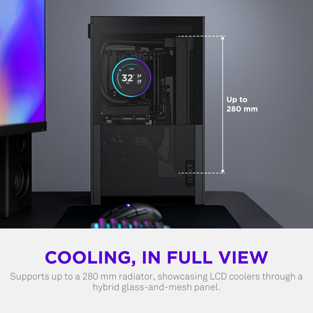 NZXT H2 Flow - Mini-ITX 20.7L High Airflow PC Case - Includes 2 x 120mm Top Fans & PCIe 5.0 Riser Cable - 331mm GPU - 280mm Radiator - Black