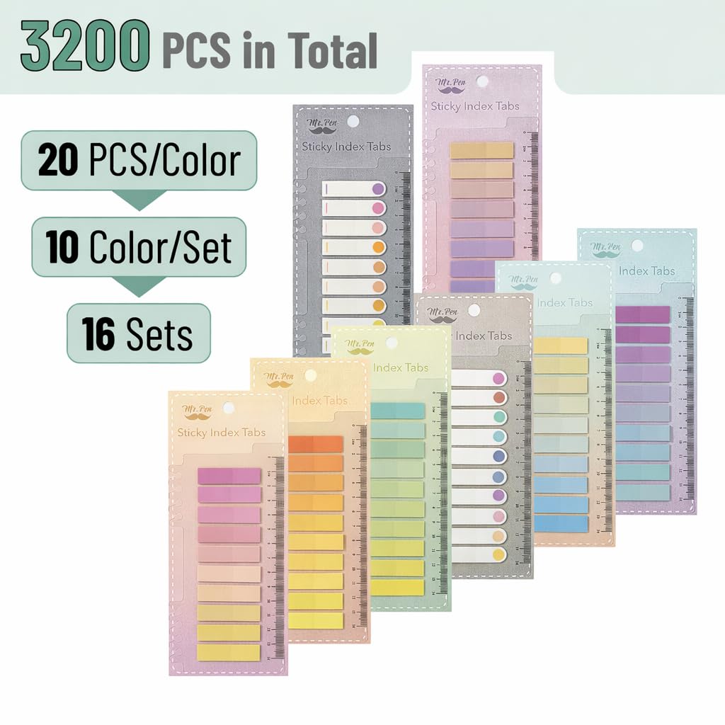 Mr. Pen- Colorful Sticky Tabs, 16 Sets, 3200 pcs, Translucent Page Markers