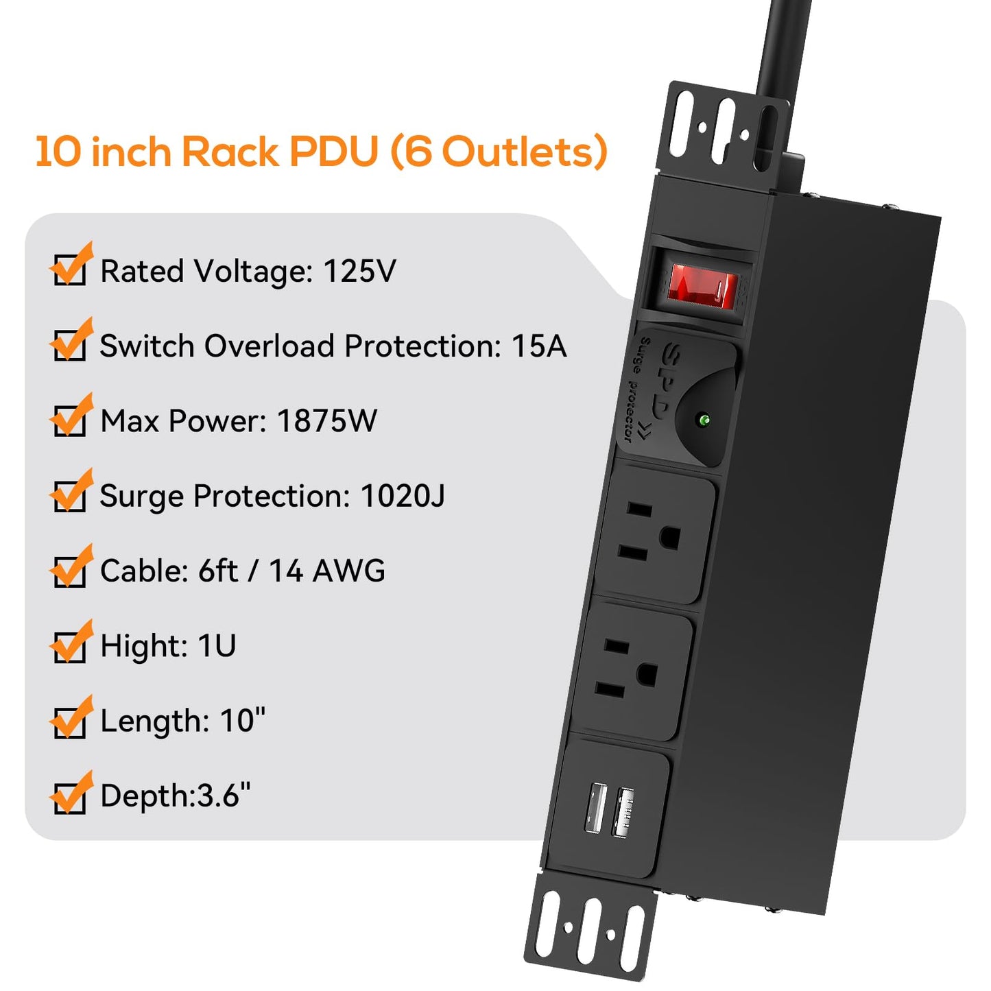 10 inch Rack PDU, 1U 6 Outlets(2 in front, 4 in back),1020J Surge Protection and 15A Overload Switch & 2 USB-A, Rack Mount Power Strips for 10'' Mini