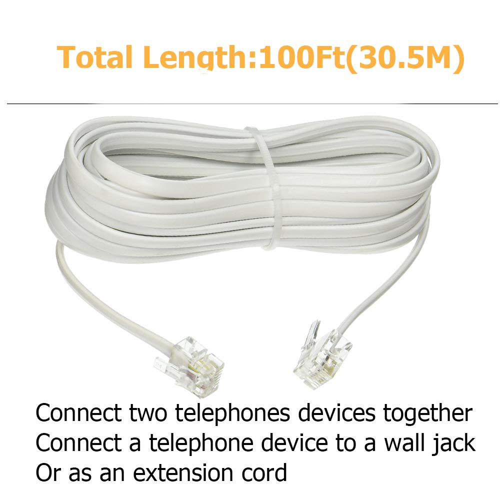 Uvital 100 Feet Telephone Landline Extension Cord Cable Line Wire with Standard RJ-11 6P4C Plugs(White 30.5M,1Pack)
