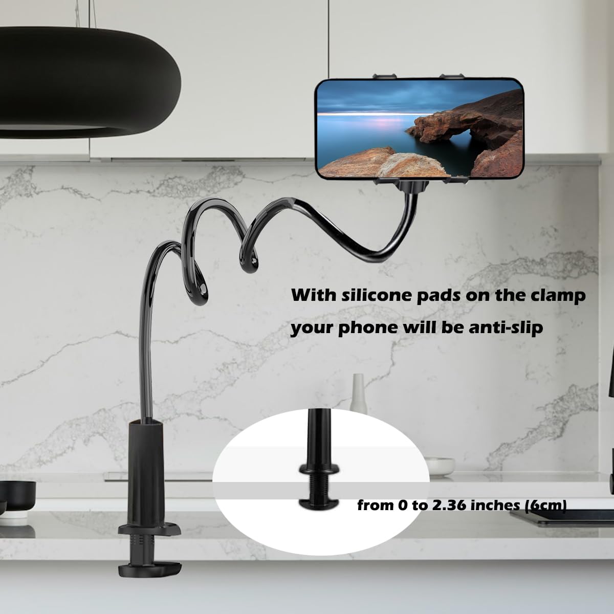 Selfdee Phone Holder for Bed, Gooseneck Clip Adjustable Phone Stand - Universal 360 Flexible Mount for Bedside headboard Lazy Long Arm Clamp Bracket