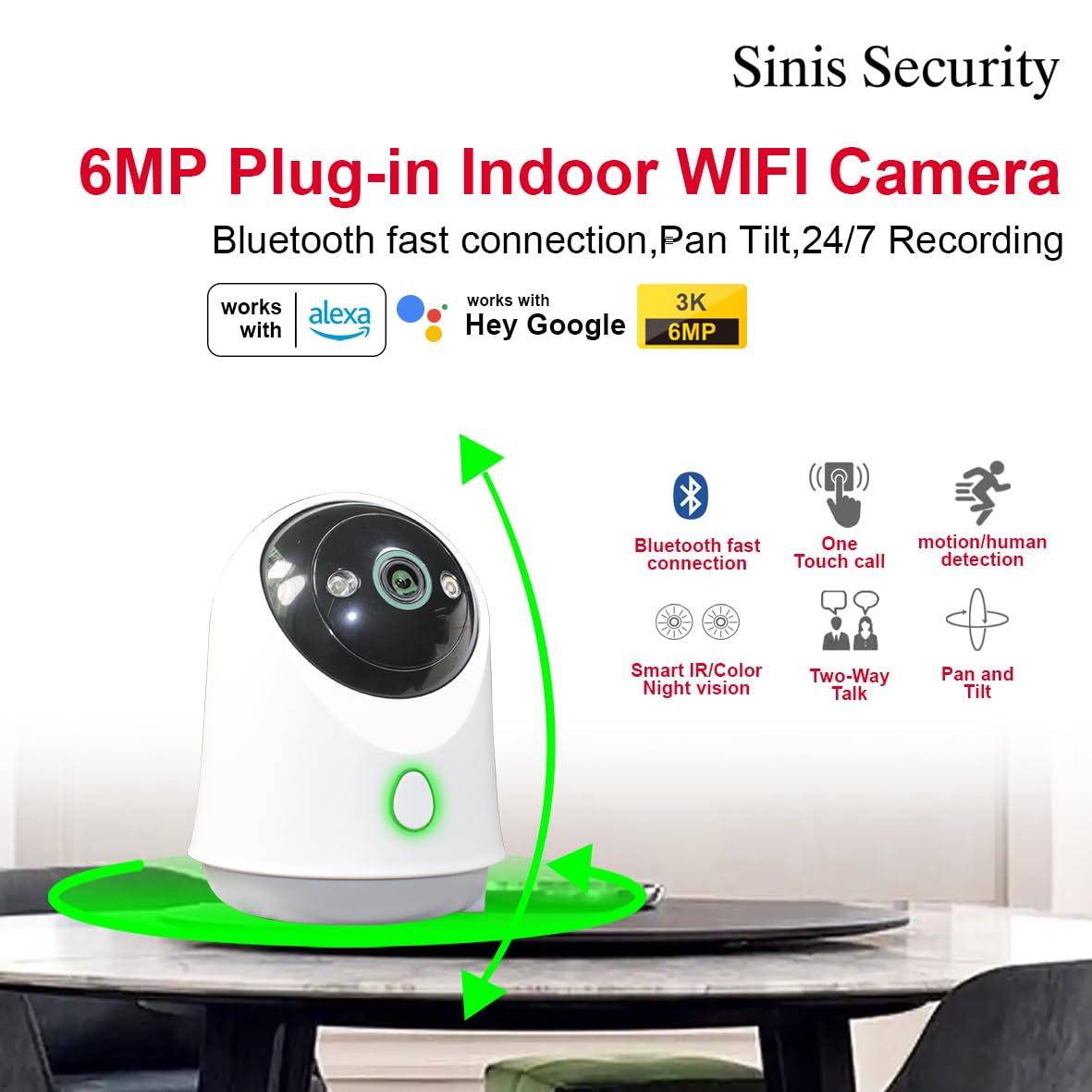 Sinis 6MP Indoor Security Camera, Plug-in 2.4G/5G Wireless WiFi for Baby Monitor with Phone app, 360 Degree Camera with Person Detection, Smart