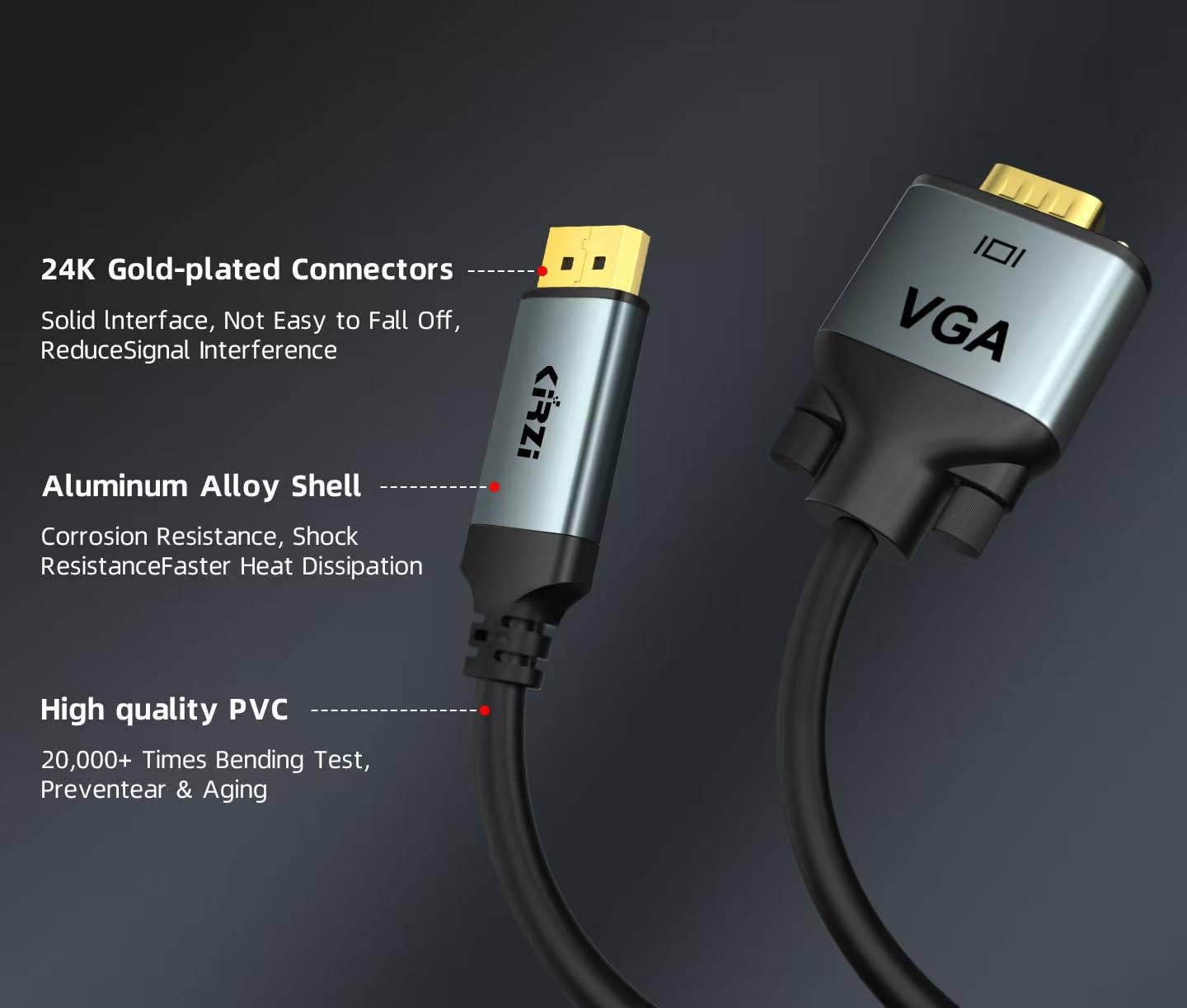 Kirzi DisplayPort to VGA Cable 3ft, 1080P@60Hz Adapter Converter, DP Male to VGA Male for Monitor Desktop Laptop