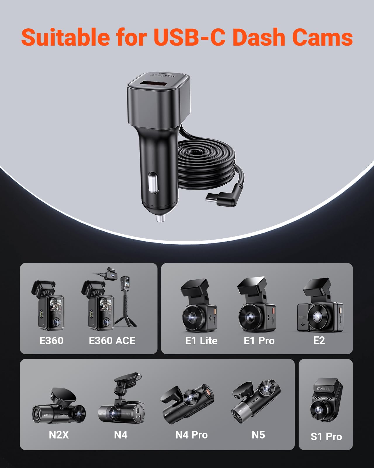 Vantrue 11.5ft USB-C Car Charger for Vantrue N4 Pro(S), N4(S), N5(S), N2X, S1Pro(MAX), E1 Pro, E1 Lite, E2, E360 Dash Cam