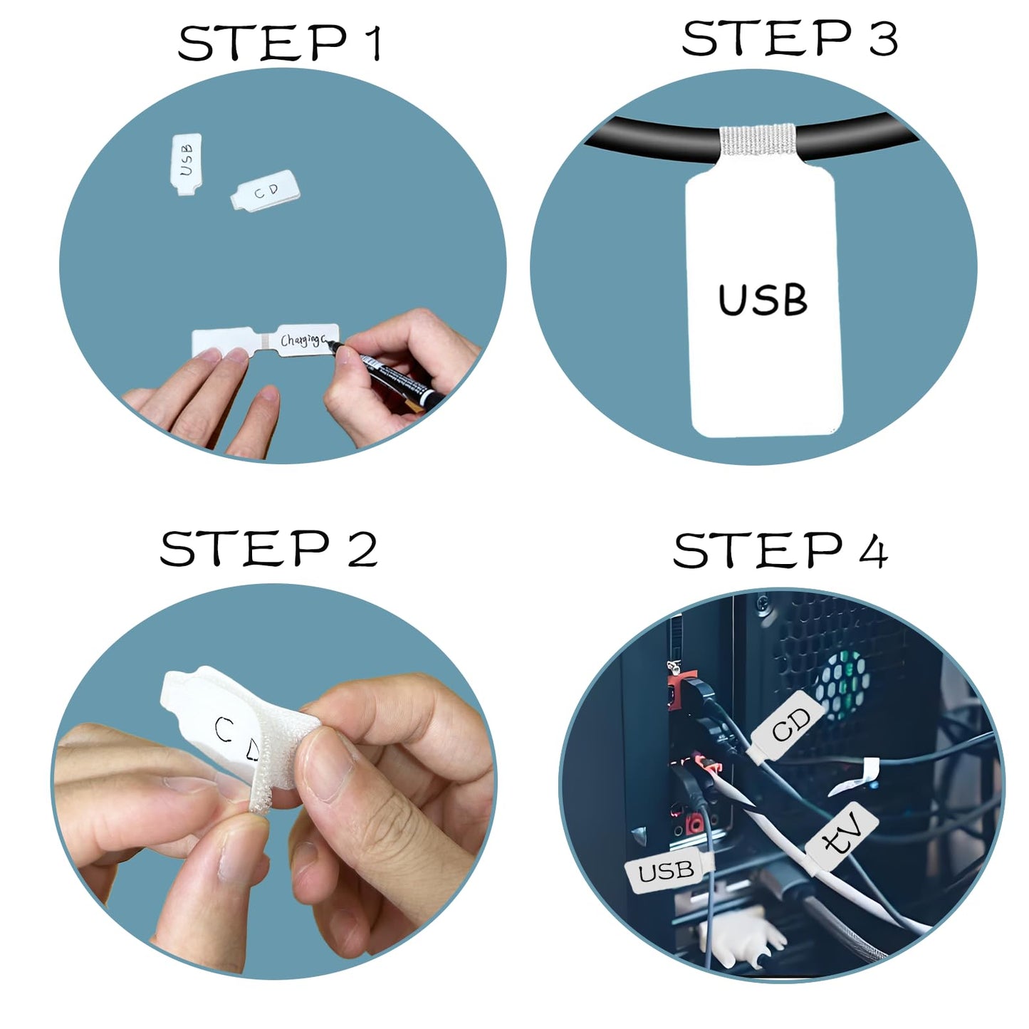 60 Pieces Cable Labels & Reusable Hook and Loop Fastening Ties Set - 30 Pieces Cord or Wire Labels & 30 Pieces Labels for Electronic Cords, Home