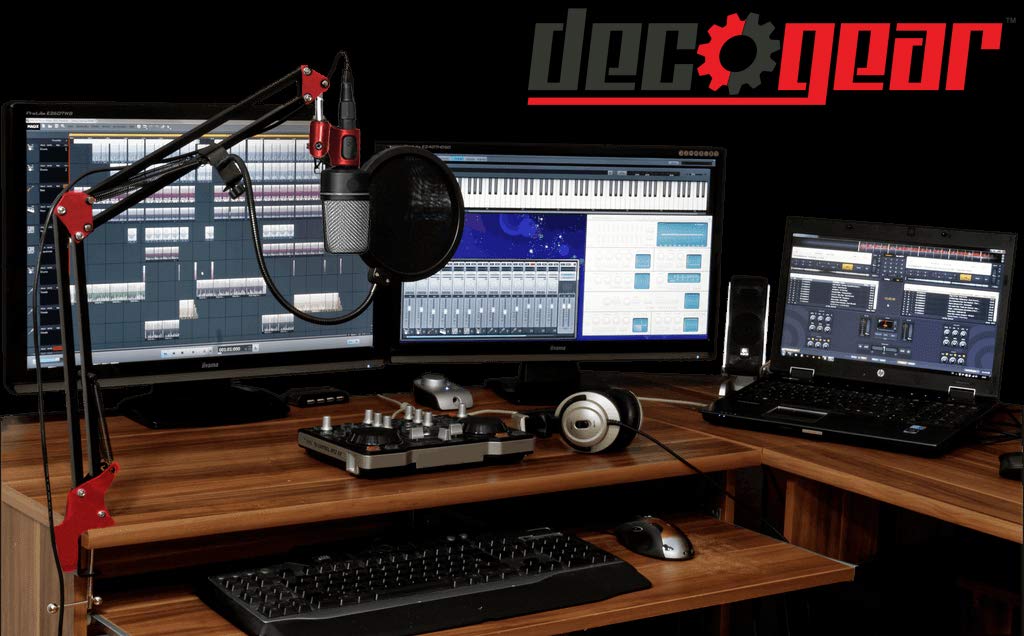 Deco Gear Microphone Suspension with Boom Scissor Arm Stand and Pop Filter Bundle