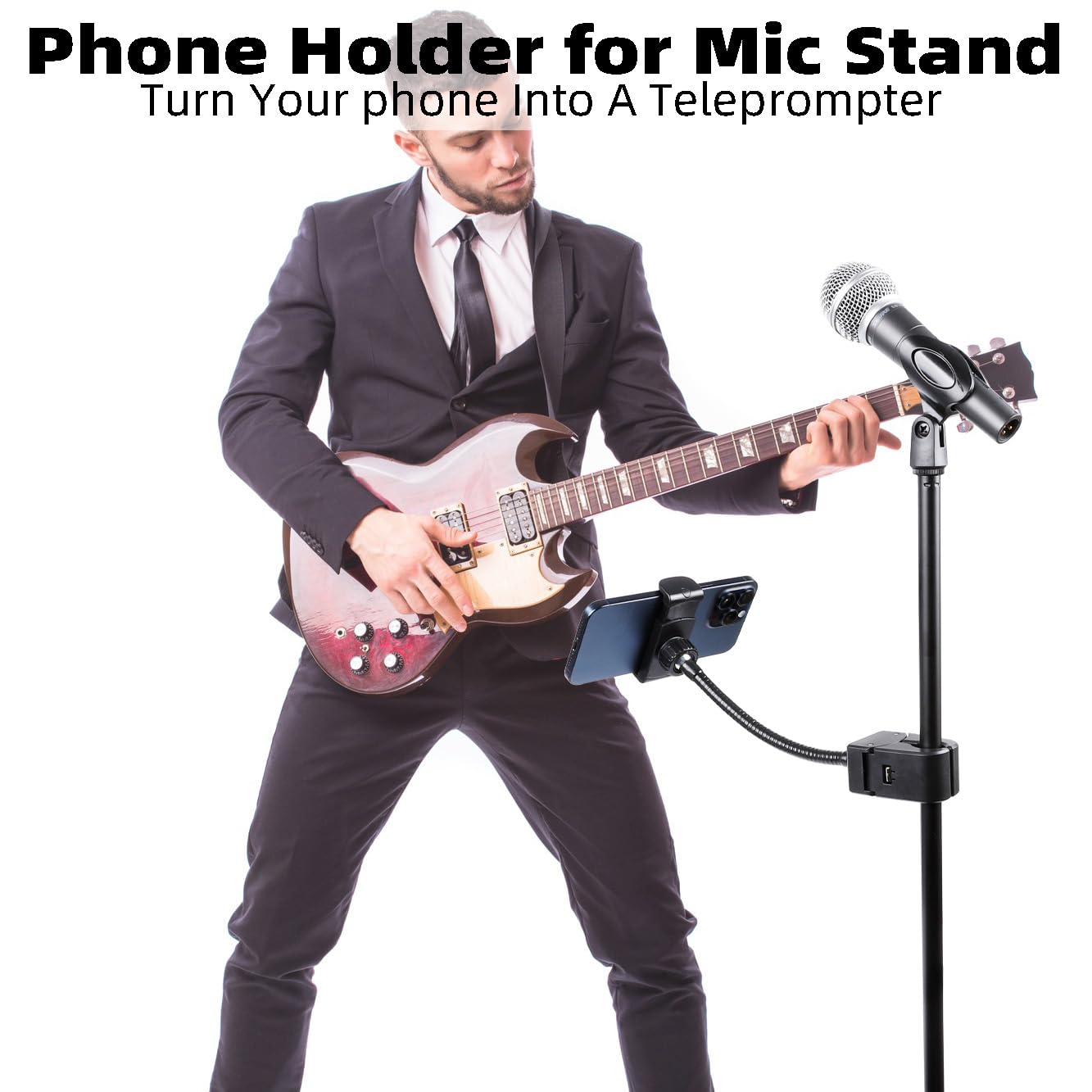 FPN Mic Stand Phone Holder, Flexible Phone Mount with 7.9" Removable Gooseneck for Microphone Music Stand, 360°Adjustable Phone Holder for iPhone 16
