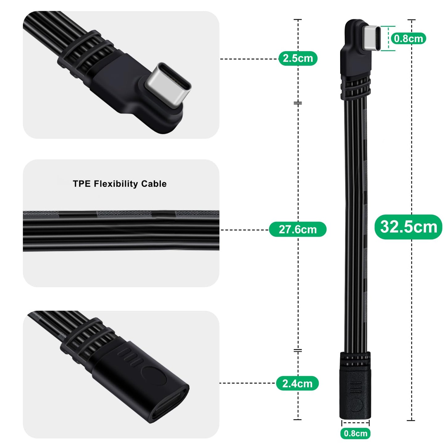HuaLiSiJi 90 Degree UBS C Extension Flat Cable UBS C Male to Female Cable Support 480 Mbit/s Data Transmission and PD Charging for Type C Flash