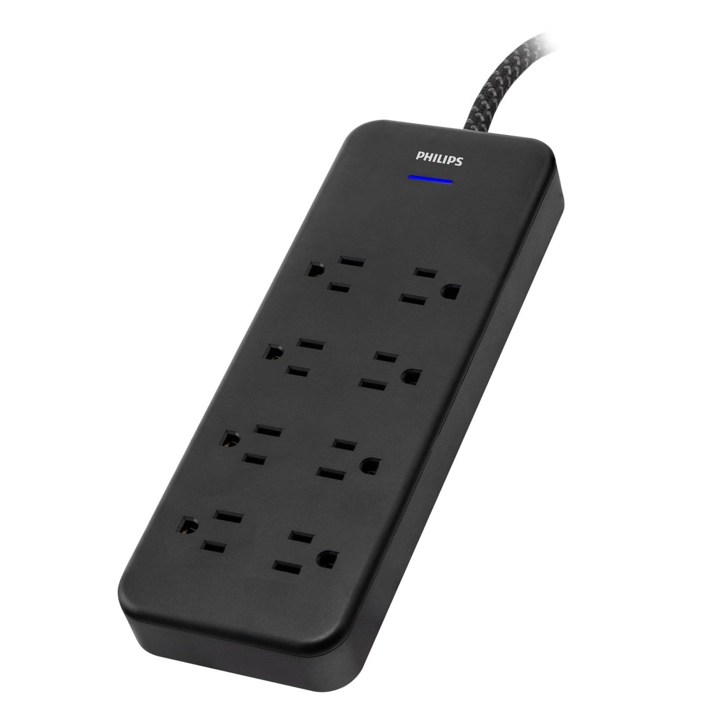 Philips EZFit 8-Outlet Surge Protector Power Strip, 8 Ft Braided Extension Cord, Widely Spaced Outlets, Flat Plug, for Home Office Dorm Essentials