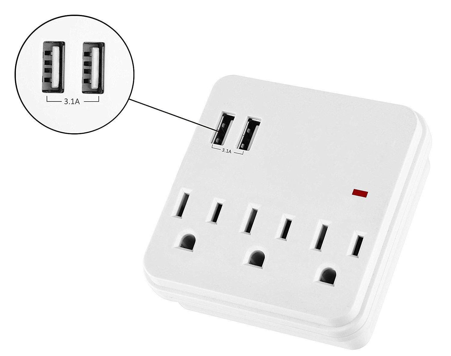 Seven Star 3 Outlets Wall Tap Surge Protector with 2 USB Ports - 300 Joules of Surge Protection AC Power Plug