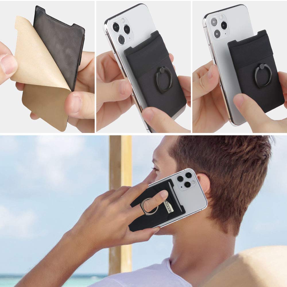 TUZAMA 5-in-1 Cell Phone Wallet-Stick On Spandex Ring Card Holder Sleeve Back-Double-Pocket+Magnetic+Finger Grip Strap Loop+Kickstand+RFID Block,Most