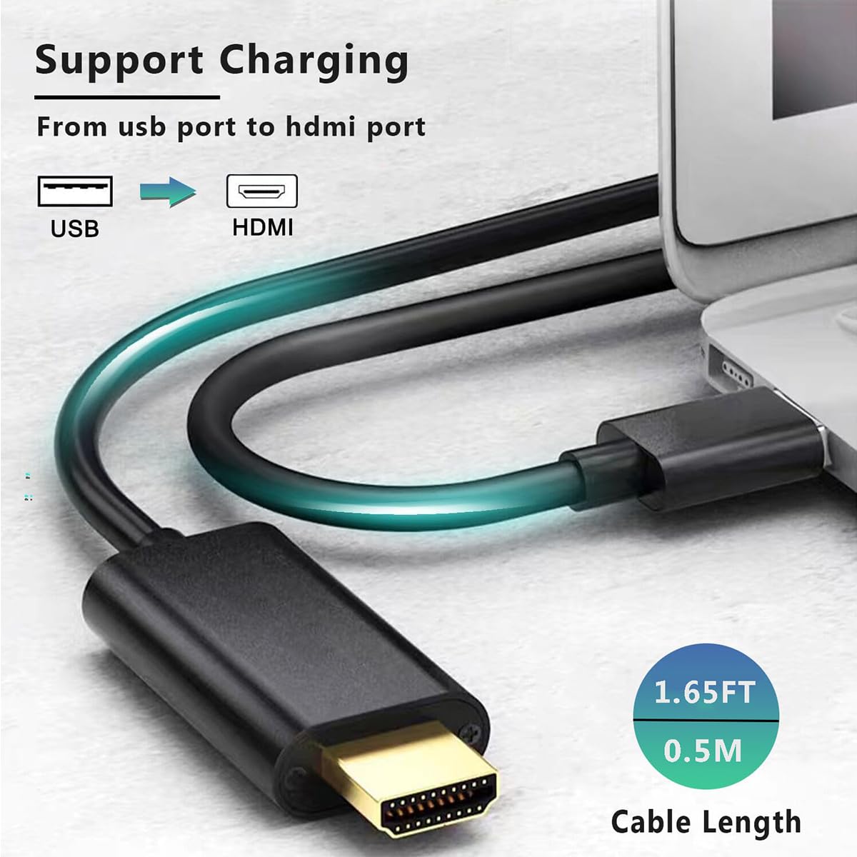 HRIOEKAX USB to HDMI Charger Cable, USB-A to HDMI Male Cord for Monitor/HDTV/DVD Player/Projector, 1.65FT/0.5M, Black