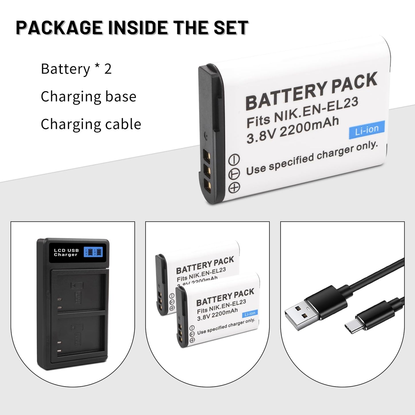 ANCBD 2 Pack EN-EL23 Batteries with Smart LCD Display Dual Channel Charger for Nikon Coolpix P900s, P900, P610s, P610, P600, B700, S810c Camera